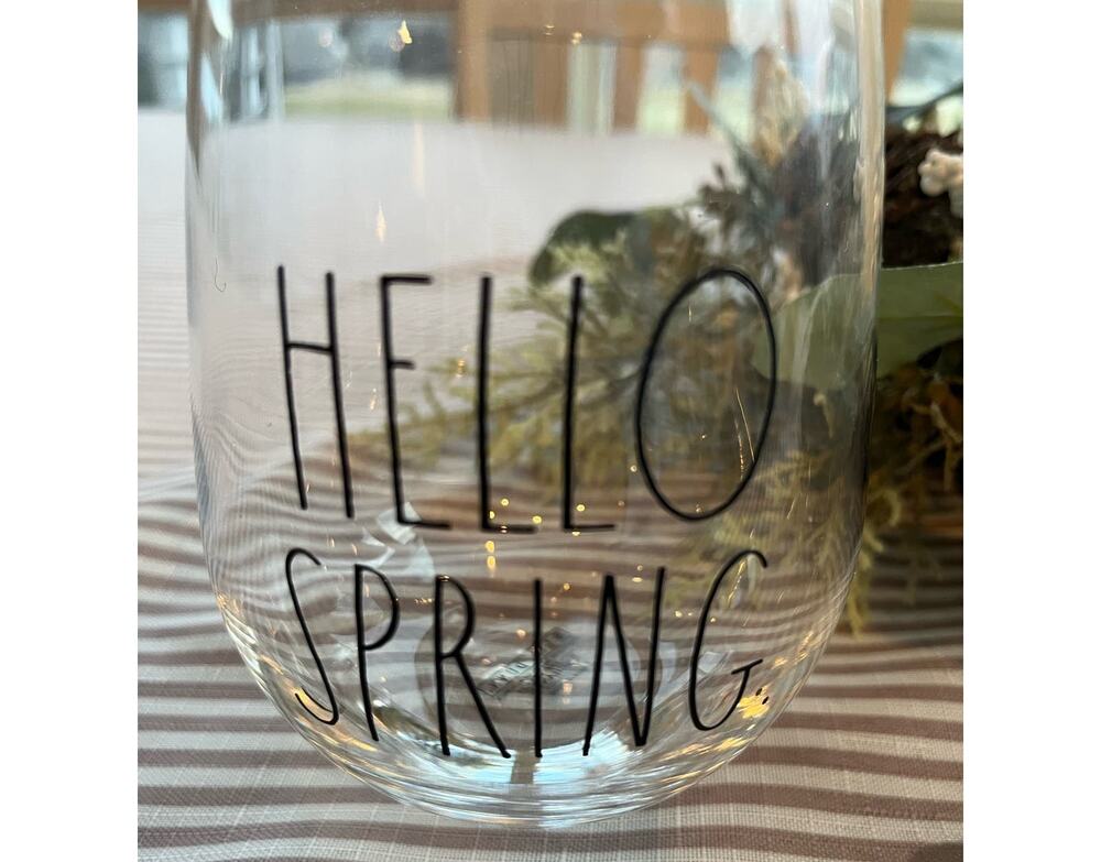 NEW! Rae Dunn "Hello Spring" stemless wine glass Kitchen bar collector